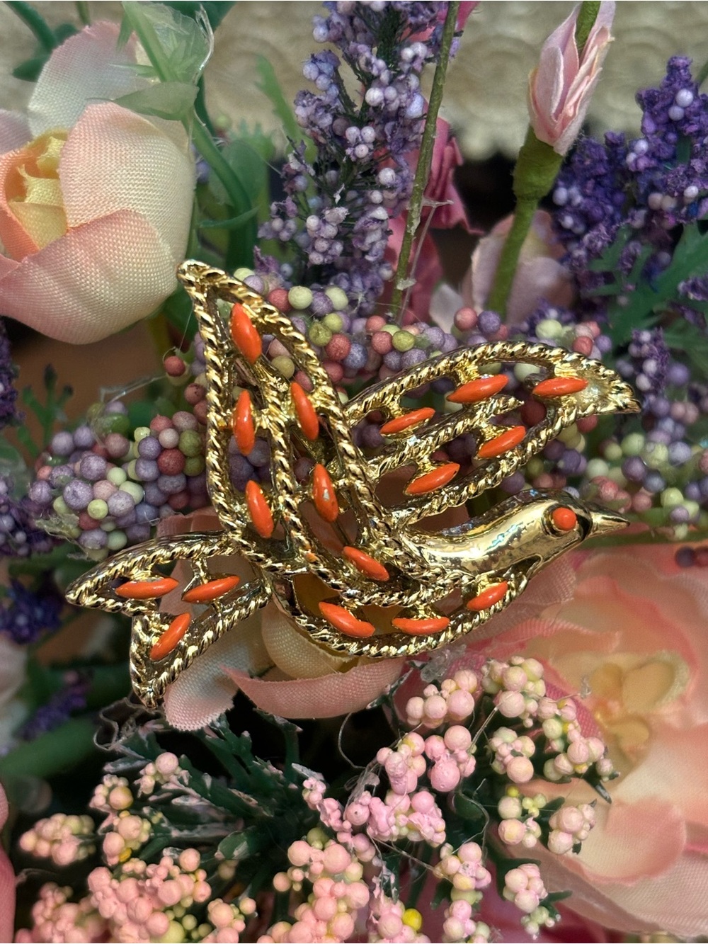 Vintage Gerry’s Gold-Tone Bird Brooch with Orange Accents
